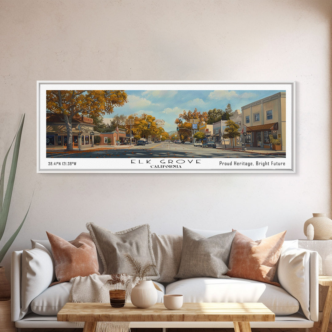 Elk Grove California Panoramic Watercolor Painting, Scenic Framed Canvas Print, Urban Wall Art for Living Room, Travel Poster, Home Decor, City Gift Idea