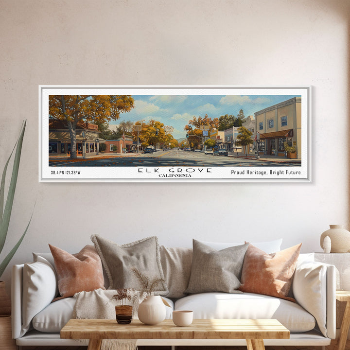 Elk Grove California Panoramic Watercolor Painting, Scenic Framed Canvas Print, Urban Wall Art for Living Room, Travel Poster, Home Decor, City Gift Idea