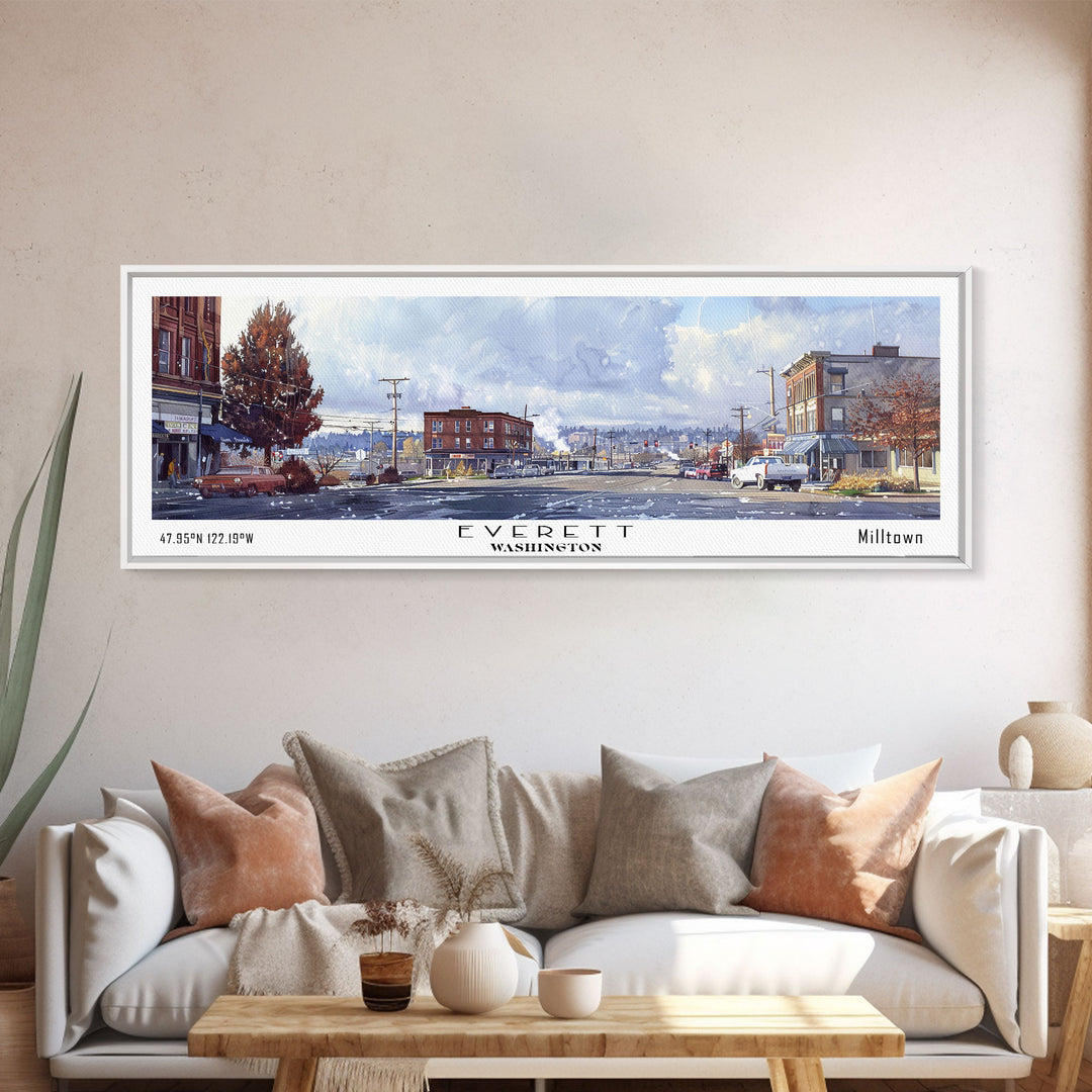 Everett Washington Panoramic Watercolor Painting, Scenic Framed Canvas Print, Urban Wall Art for Office, Travel Decor, City Print, Gift Idea