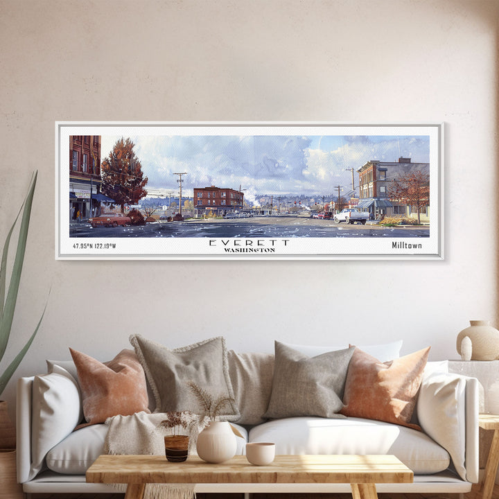 Everett Washington Panoramic Watercolor Painting, Scenic Framed Canvas Print, Urban Wall Art for Office, Travel Decor, City Print, Gift Idea