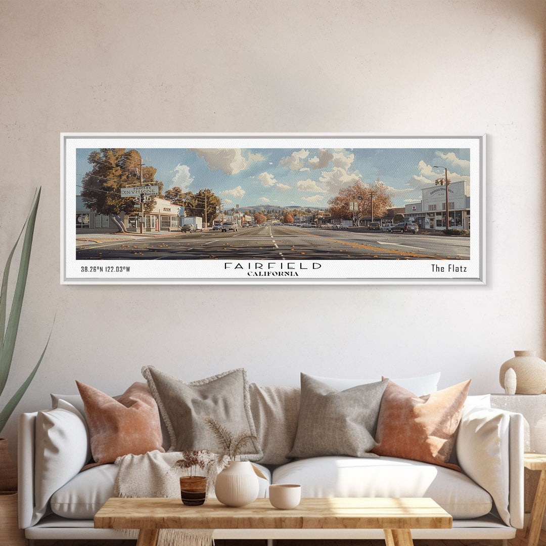 Fairfield California Panoramic Watercolor Painting, Scenic Framed Canvas Print, Urban Wall Art for Living Room, Travel Poster, Home Decor, City Gift Idea