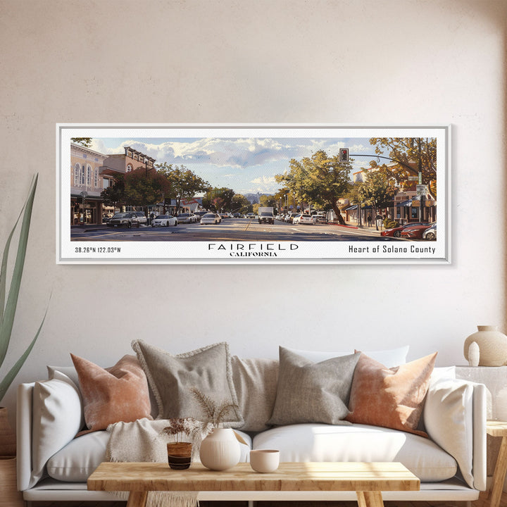 Fairfield California Panoramic Watercolor Painting, Scenic Framed Canvas Print, Urban Wall Art for Living Room, Travel Poster, Home Decor, City Gift Idea