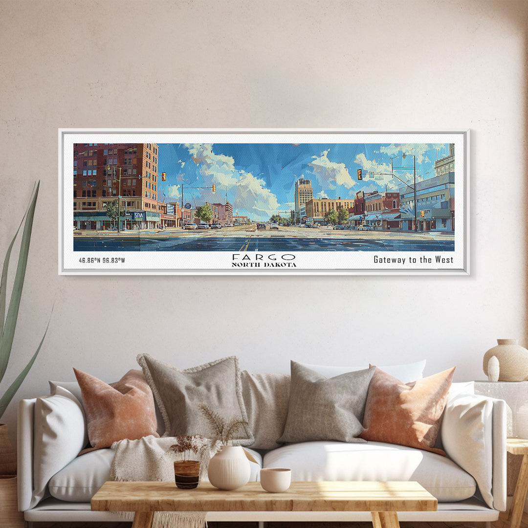 Fargo North Carolina Panoramic Watercolor Painting, Scenic Framed Canvas Print, Urban Wall Art for Office, Travel Decor, City Print, Gift Idea