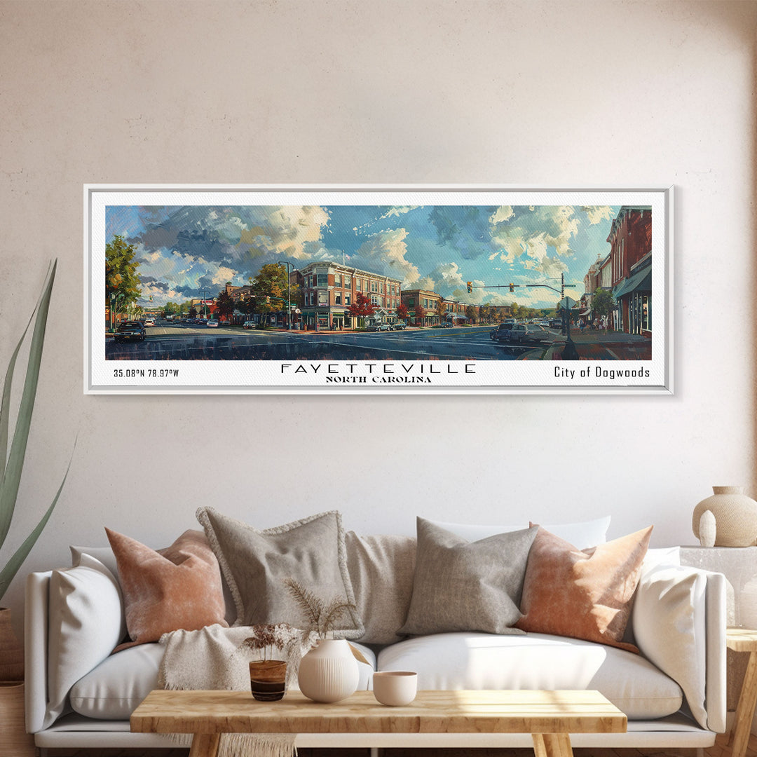 Fayetteville North Carolina Panoramic Watercolor Painting, Scenic Framed Canvas Print, Urban Wall Art for Living Room, Travel Poster, Home Decor, City Gift Idea