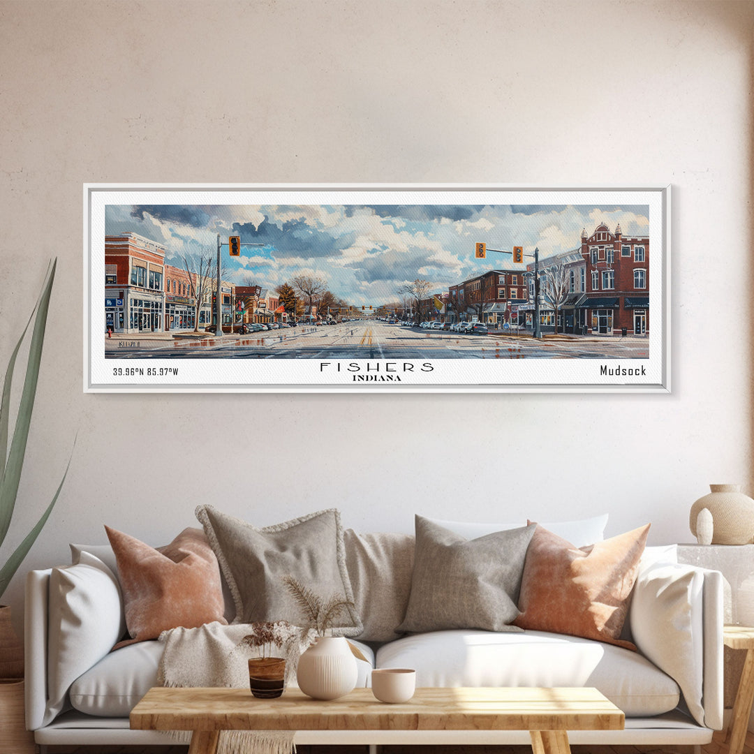 Fishers Indiana Panoramic Watercolor Painting, Scenic Framed Canvas Print, Urban Wall Art for Office, Travel Decor, City Print, Gift Idea