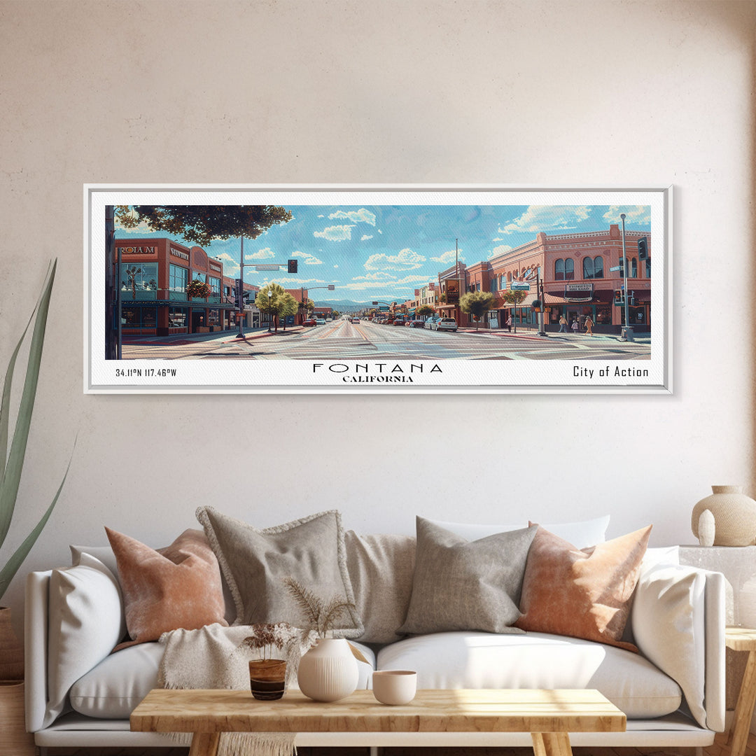Fontana California Panoramic Watercolor Painting, Scenic Framed Canvas Print, Urban Wall Art for Living Room, Travel Poster, Home Decor, City Gift Idea