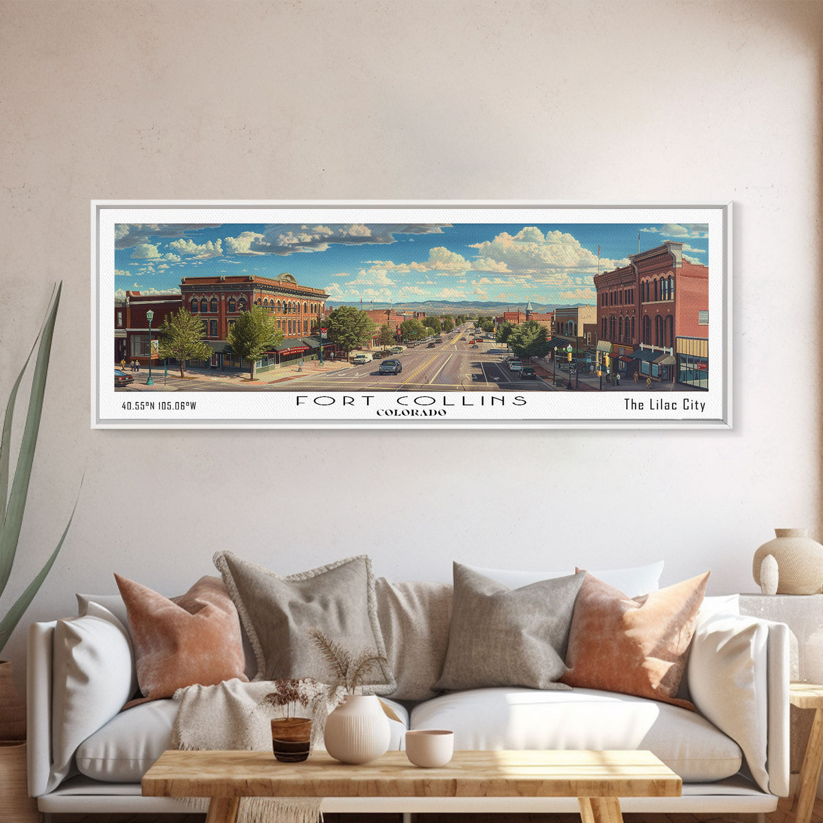 Fort Collins Colorado Panoramic Watercolor Painting, Scenic Framed Canvas Print, Urban Wall Art for Office, Travel Decor, City Print, Gift Idea