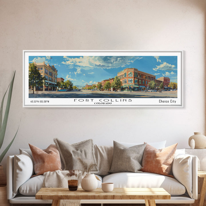 Fort Collins Colorado Panoramic Watercolor Painting, Scenic Framed Canvas Print, Urban Wall Art for Office, Travel Decor, City Print, Gift Idea
