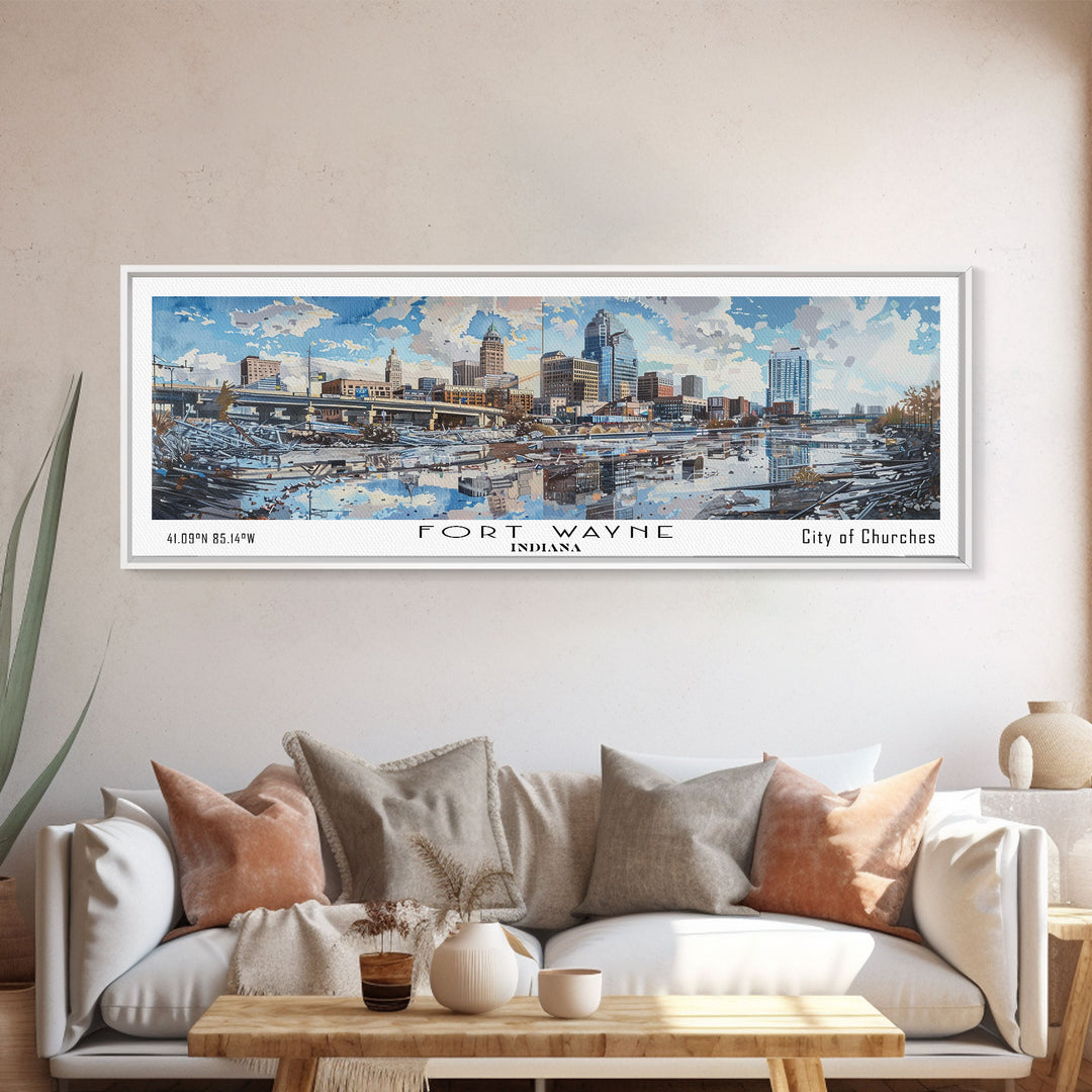 Fort Wayne Indiana Panoramic Watercolor Painting, Scenic Framed Canvas Print, Urban Wall Art for Office, Travel Decor, City Print, Gift Idea