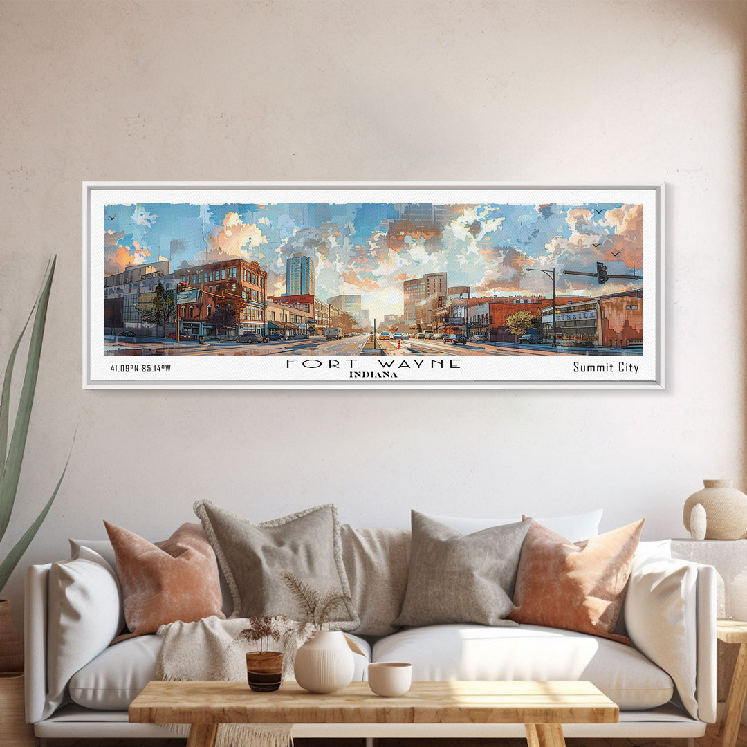 Fort Wayne Indiana Panoramic Watercolor Painting, Urban Framed Canvas Print, Cityscape Wall Art for Living Room, Travel Decor, Home Gift Idea
