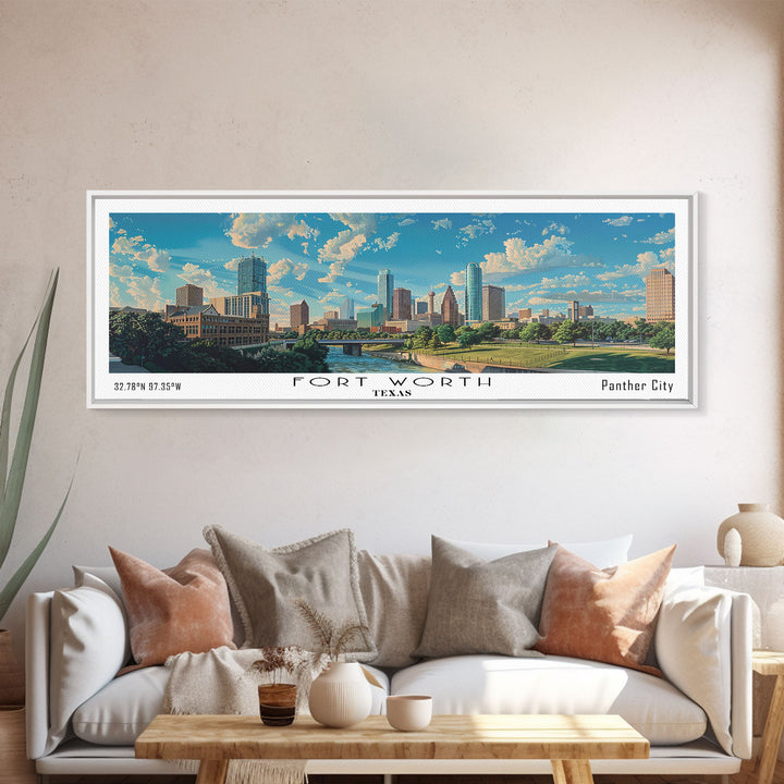 Fort Worth Texas Panoramic Watercolor Painting, Urban Framed Canvas Print, Cityscape Wall Art for Living Room, Travel Decor, Office Art, Gift Idea