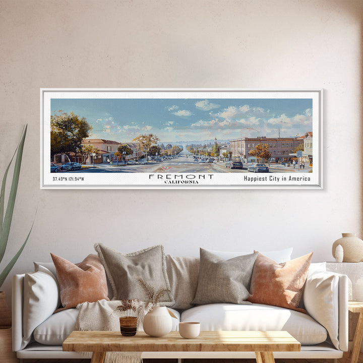 Fremont California Panoramic Watercolor Painting, Scenic Framed Canvas Print, Urban Wall Art for Office, Travel Poster, Home Decor, City Gift Idea