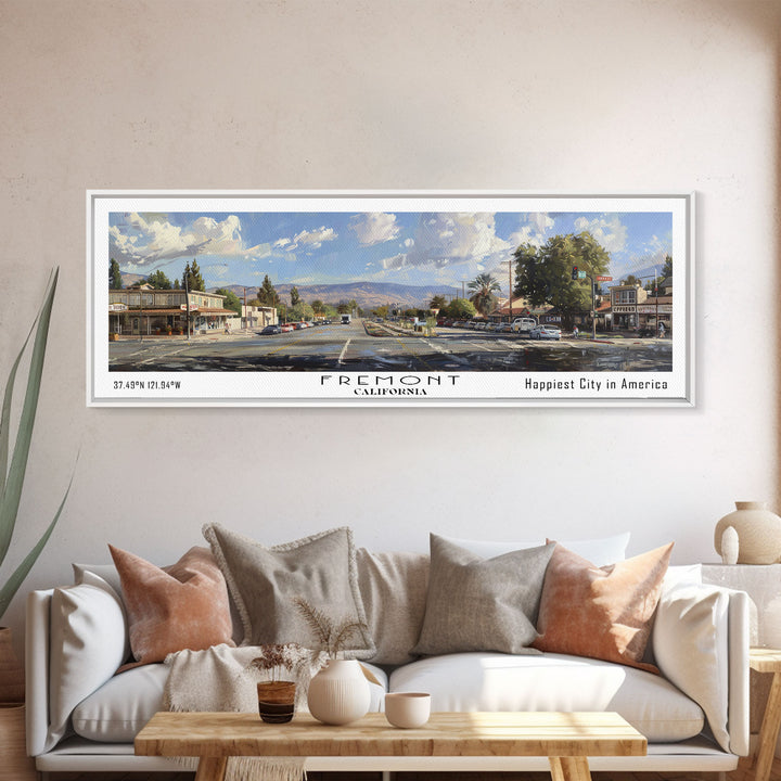 Fremont California Panoramic Watercolor Painting, Scenic Framed Canvas Print, Urban Wall Art for Office, Travel Poster, Home Decor, City Gift Idea