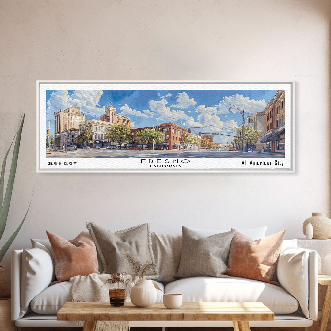 Fresno California Panoramic Watercolor Painting, Scenic Framed Canvas Print, Urban Wall Art for Living Room, Travel Decor, City Print, Gift Idea