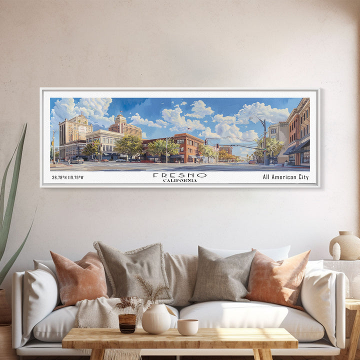 Fresno California Panoramic Watercolor Painting, Scenic Framed Canvas Print, Urban Wall Art for Living Room, Travel Decor, City Print, Gift Idea