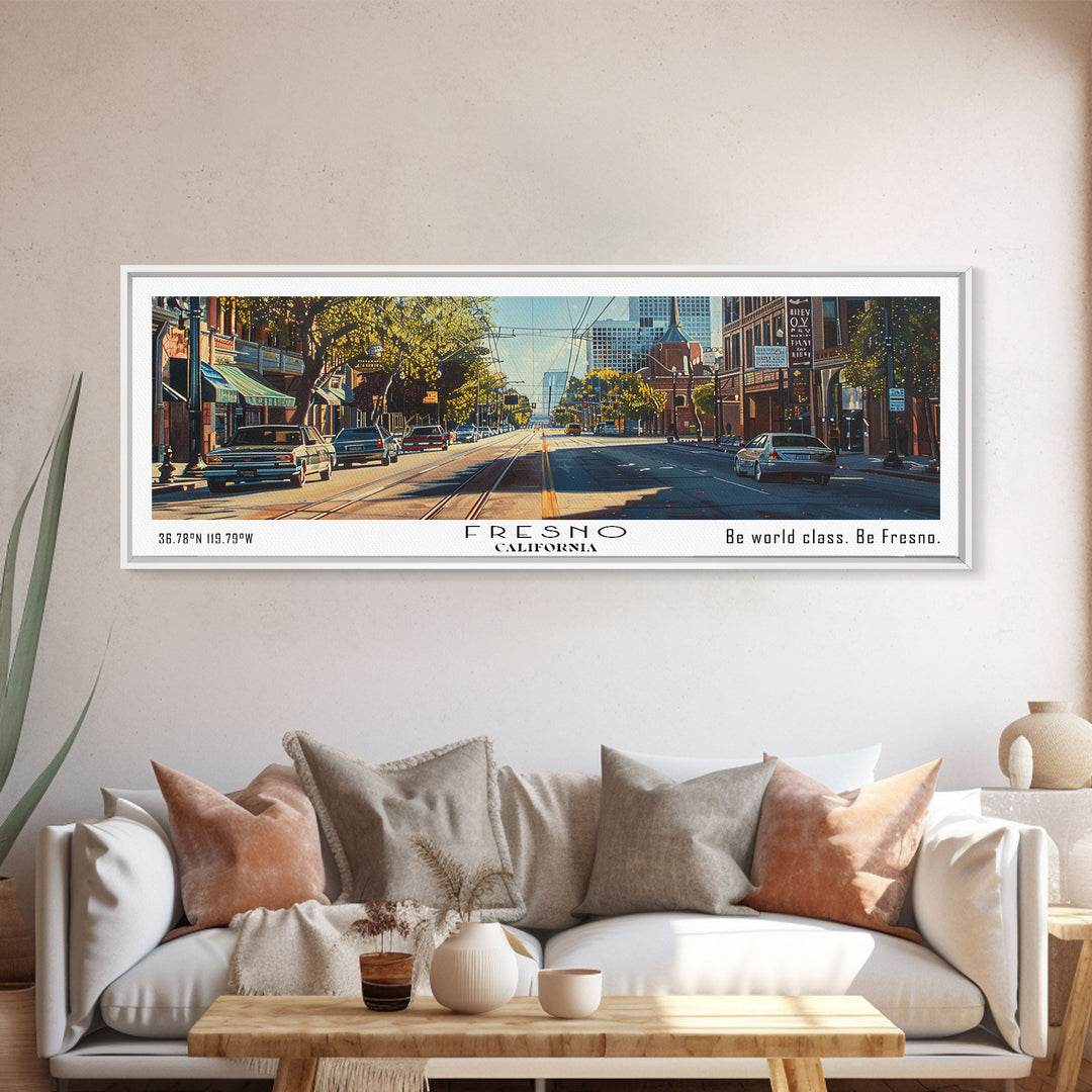 Fresno California Panoramic Watercolor Painting, Scenic Framed Canvas Print, Urban Wall Art for Living Room, Travel Decor, City Print, Gift Idea