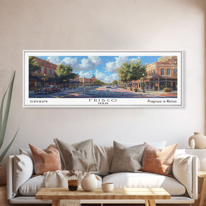 Frisco Texas Panoramic Watercolor Painting, Urban Framed Canvas Print, Cityscape Wall Art for Living Room, Travel Poster, Home Decor, City Gift Idea