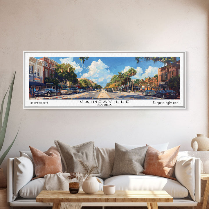 Gainesville Florida Panoramic Watercolor Painting, Urban Framed Canvas Print, Cityscape Wall Art for Office, Travel Decor, Home Gift Idea