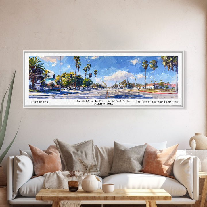 Garden Grove California Panoramic Watercolor Painting, Urban Framed Canvas Print, Cityscape Wall Art for Living Room, Travel Decor, Office Art, Gift Idea