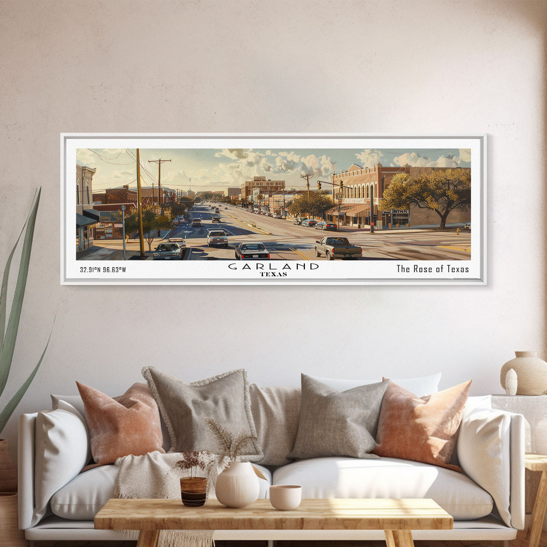 Garland Texas Panoramic Watercolor Painting, Urban Framed Canvas Print, Cityscape Wall Art for Living Room, Travel Decor, Home Gift Idea