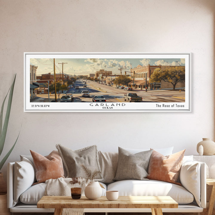 Garland Texas Panoramic Watercolor Painting, Urban Framed Canvas Print, Cityscape Wall Art for Living Room, Travel Decor, Home Gift Idea