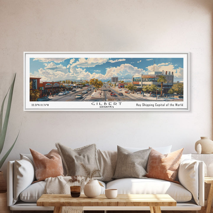 Gilbert Arizona Panoramic Watercolor Painting, Urban Framed Canvas Print, Cityscape Wall Art for Office, Travel Decor, Home Gift Idea