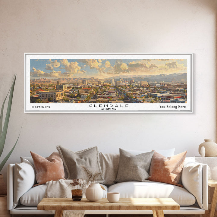 Glendale Arizona Panoramic Watercolor Painting, Urban Framed Canvas Print, Cityscape Wall Art for Living Room, Travel Poster, Home Decor, City Gift Idea