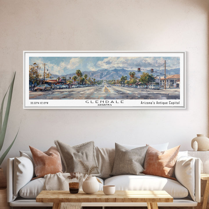 Glendale Arizona Panoramic Watercolor Painting, Urban Framed Canvas Print, Cityscape Wall Art for Office, Travel Decor, Home Gift Idea