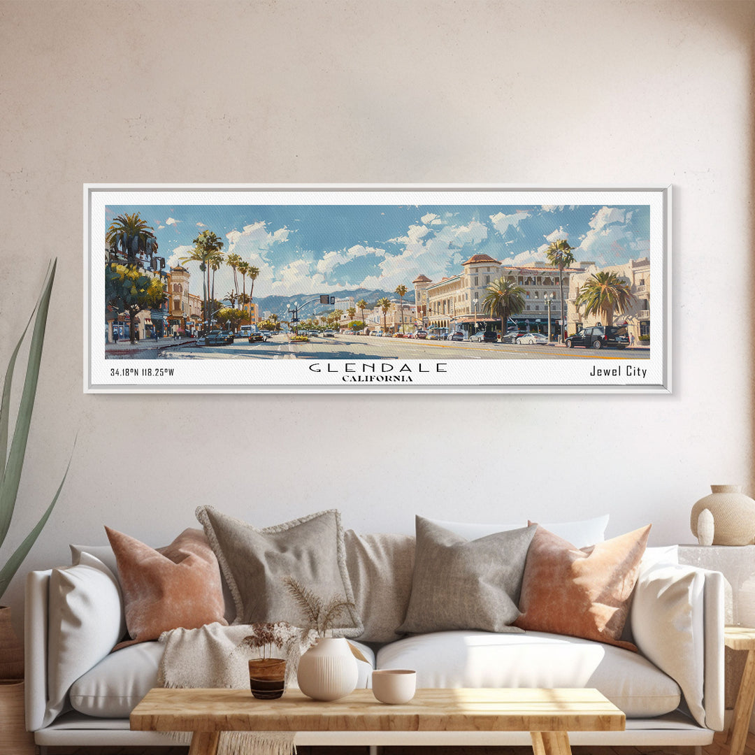 Glendale California Panoramic Watercolor Painting, Urban Framed Canvas Print, Cityscape Wall Art for Living Room, Travel Poster, Home Decor, City Gift Idea