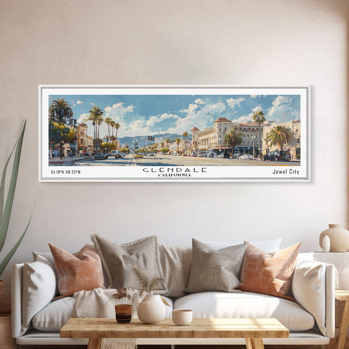 Glendale California Panoramic Watercolor Painting, Urban Framed Canvas Print, Cityscape Wall Art for Living Room, Travel Poster, Home Decor, City Gift Idea