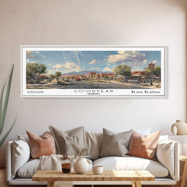 Goodyear Arizona Panoramic Watercolor Painting, Urban Framed Canvas Print, Cityscape Wall Art for Office, Travel Decor, Home Gift Idea