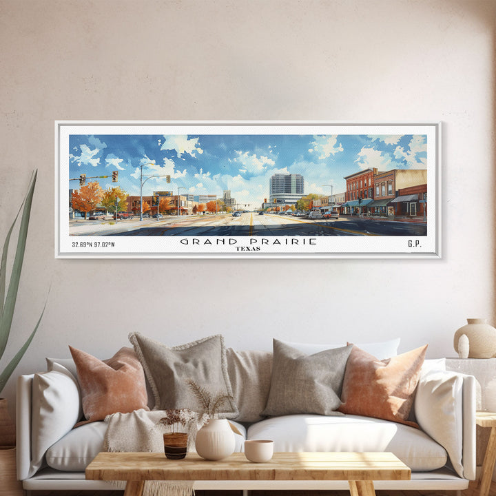 Grand Prairie Texas Panoramic Watercolor Painting, Urban Framed Canvas Print, Cityscape Wall Art for Living Room, Travel Decor, Home Gift Idea