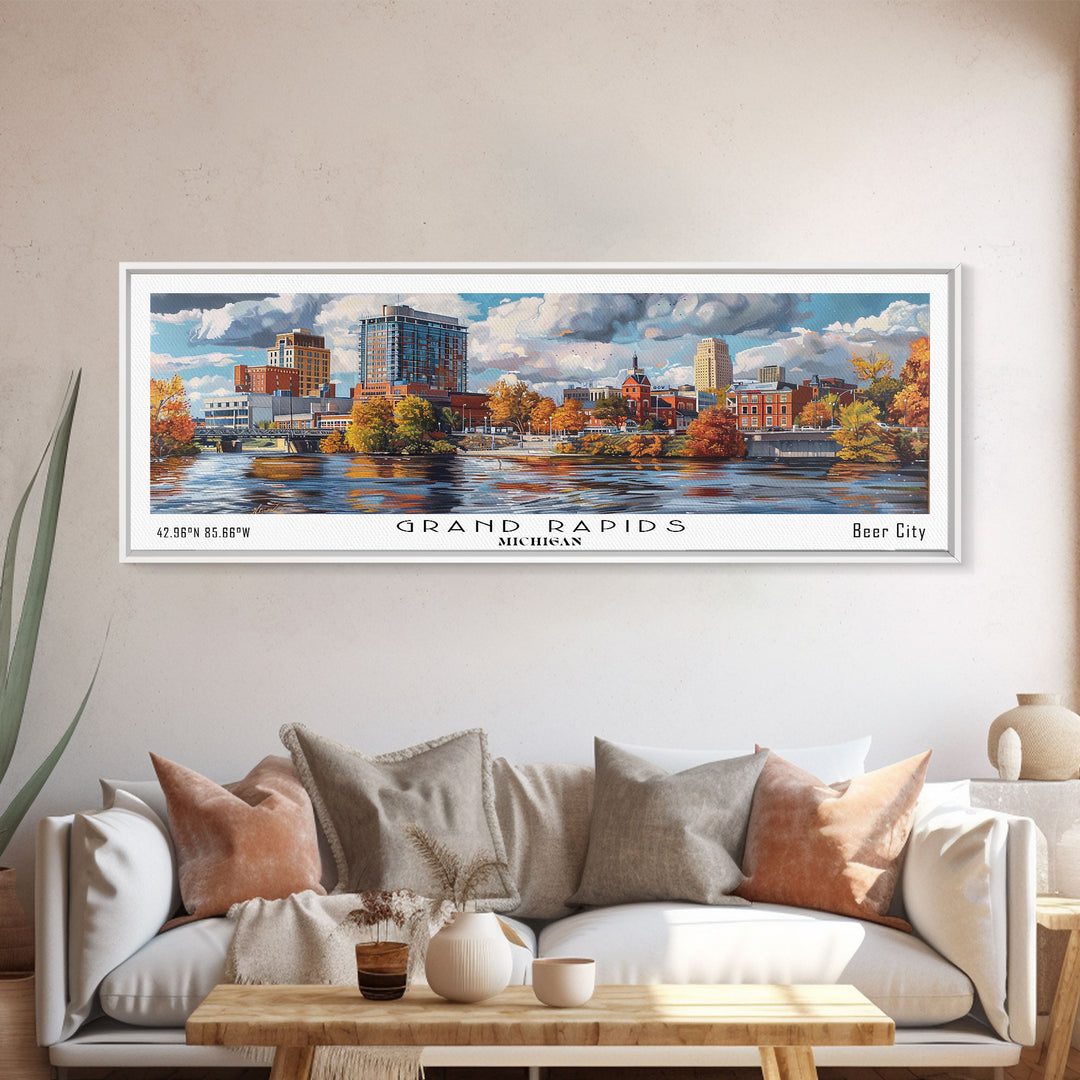Grand Rapids Michigan Panoramic Watercolor Painting, Urban Framed Canvas Print, Cityscape Wall Art for Office, Travel Decor, Home Gift Idea