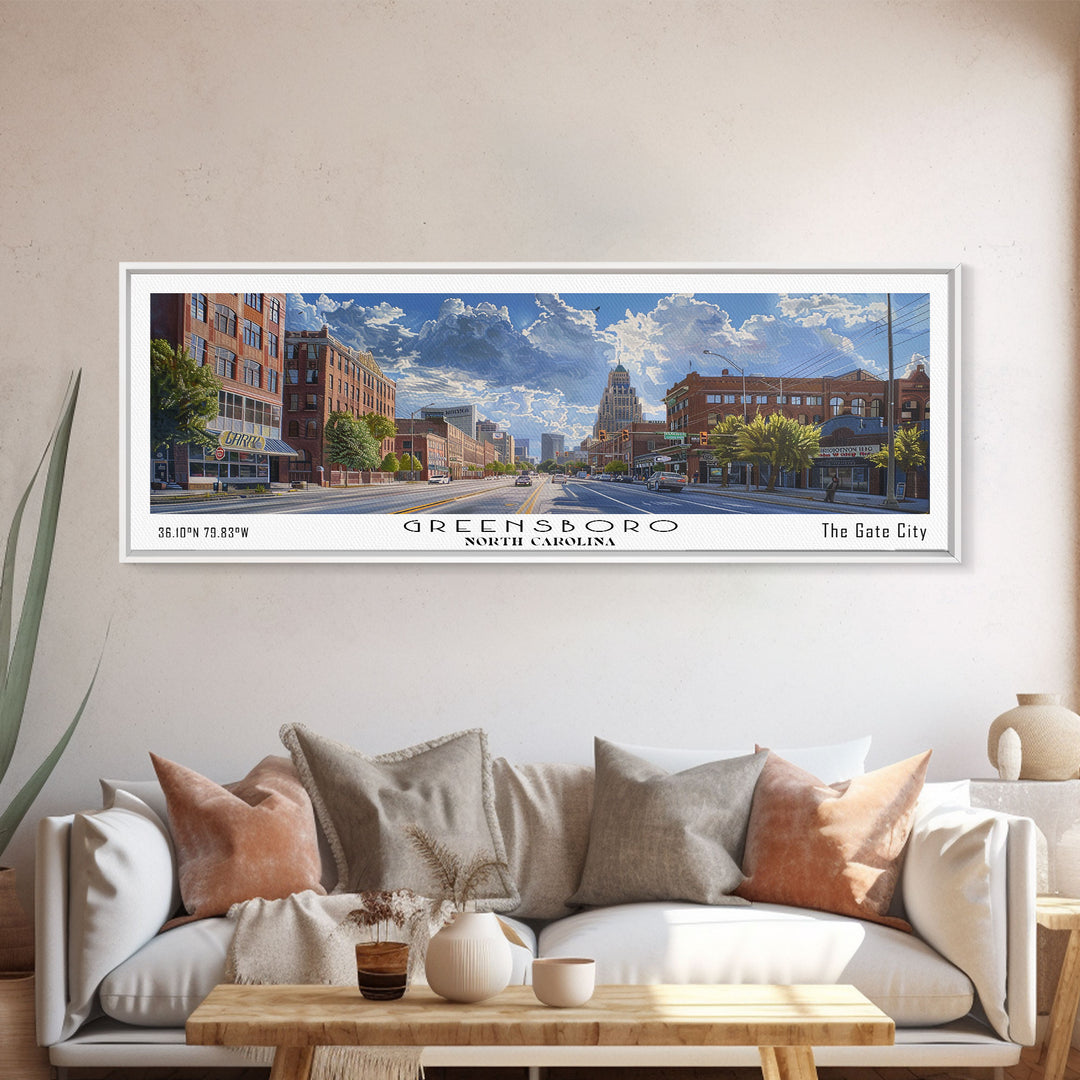 Greensboro North Carolina Panoramic Watercolor Painting, Urban Framed Canvas Print, Cityscape Wall Art for Living Room, Travel Poster, Home Decor, City Gift Idea