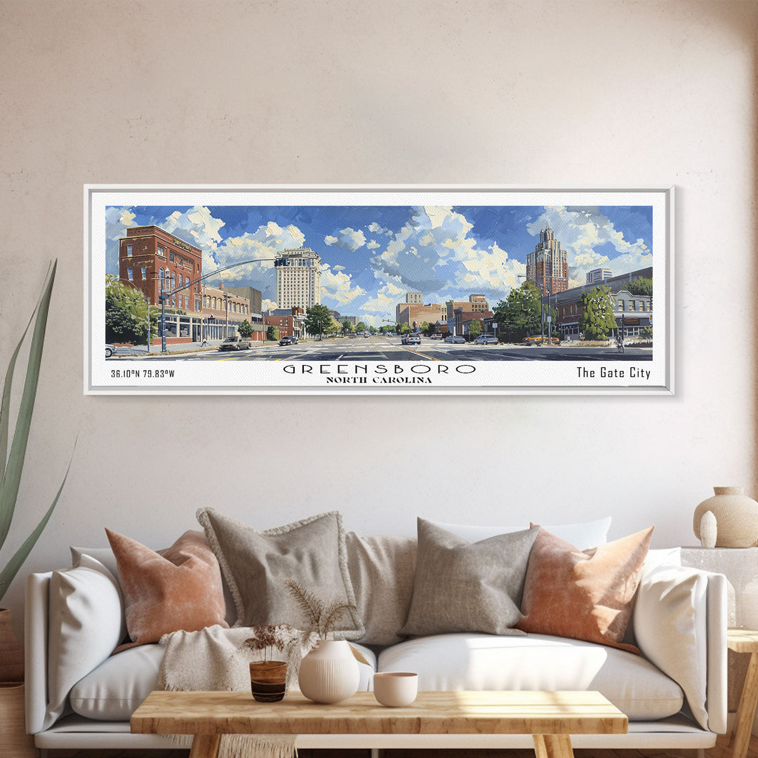 Greensboro North Carolina Panoramic Watercolor Painting, Urban Framed Canvas Print, Cityscape Wall Art for Office, Travel Decor, Home Gift Idea