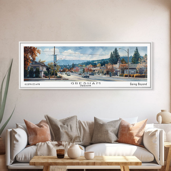 Gresham Oregon Panoramic Watercolor Painting, Urban Framed Canvas Print, Cityscape Wall Art for Living Room, Travel Decor, Home Gift Idea