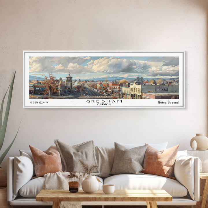 Gresham Oregon Panoramic Watercolor Painting, Urban Framed Canvas Print, Cityscape Wall Art for Office, Travel Decor, Home Gift Idea
