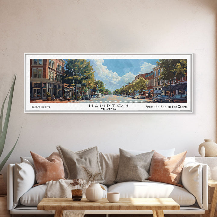 Hampton Virginia Panoramic Watercolor Painting, Urban Framed Canvas Print, Cityscape Wall Art for Living Room, Travel Poster, Home Decor, City Gift Idea