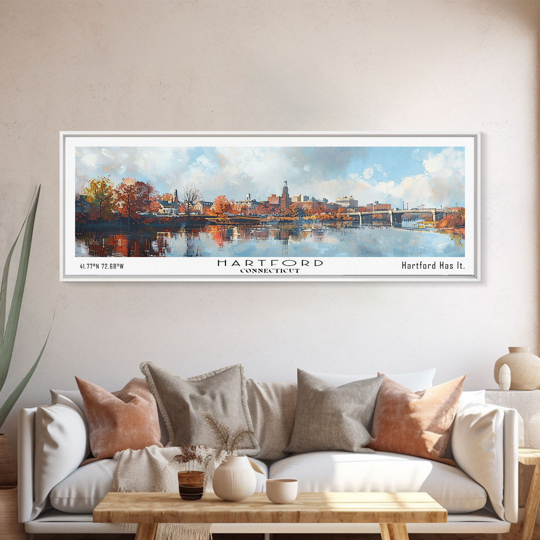 Hartford Connecticut Panoramic Watercolor Painting, Urban Framed Canvas Print, Cityscape Wall Art for Office, Travel Decor, Home Gift Idea