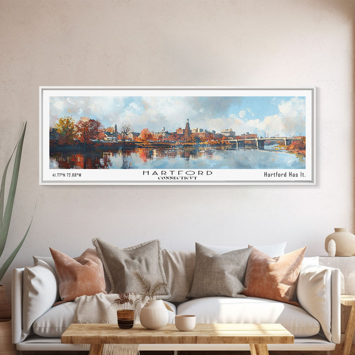 Hartford Connecticut Panoramic Watercolor Painting, Urban Framed Canvas Print, Cityscape Wall Art for Office, Travel Decor, Home Gift Idea