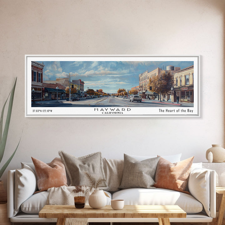 Hayward California Panoramic Watercolor Painting, Urban Framed Canvas Print, Cityscape Wall Art for Living Room, Travel Poster, Home Decor, City Gift Idea
