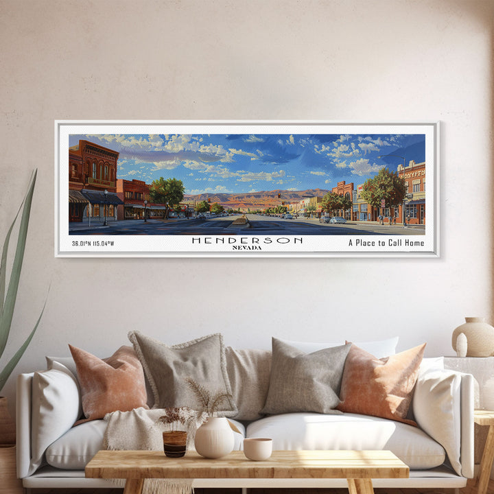 Henderson Nevada Panoramic Watercolor Painting, Urban Framed Canvas Print, Cityscape Wall Art for Office, Travel Decor, Home Gift Idea
