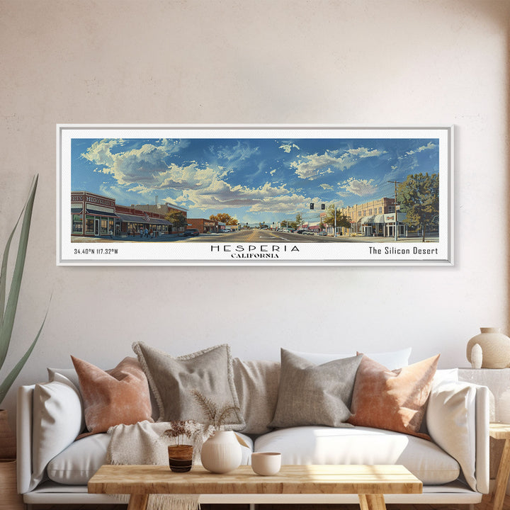 Hesperia California Panoramic Watercolor Painting, Urban Framed Canvas Print, Cityscape Wall Art for Living Room, Travel Poster, Home Decor, City Gift Idea