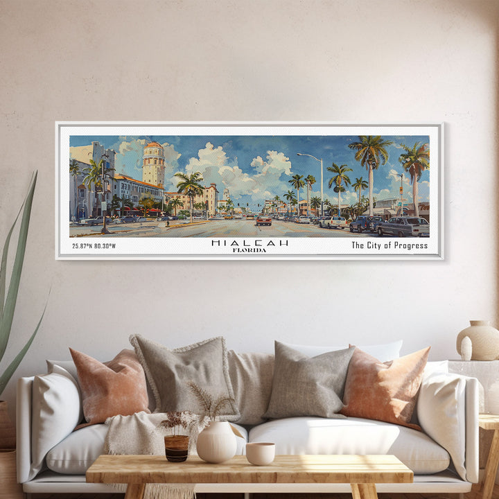 Hialeah Florida Panoramic Watercolor Painting, Urban Framed Canvas Print, Cityscape Wall Art for Office, Travel Decor, Home Gift Idea
