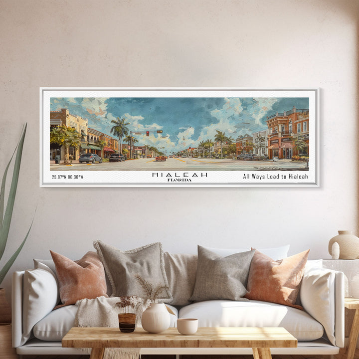 Hialeah Florida Panoramic Watercolor Painting, Urban Framed Canvas Print, Cityscape Wall Art for Living Room, Travel Decor, Home Gift Idea