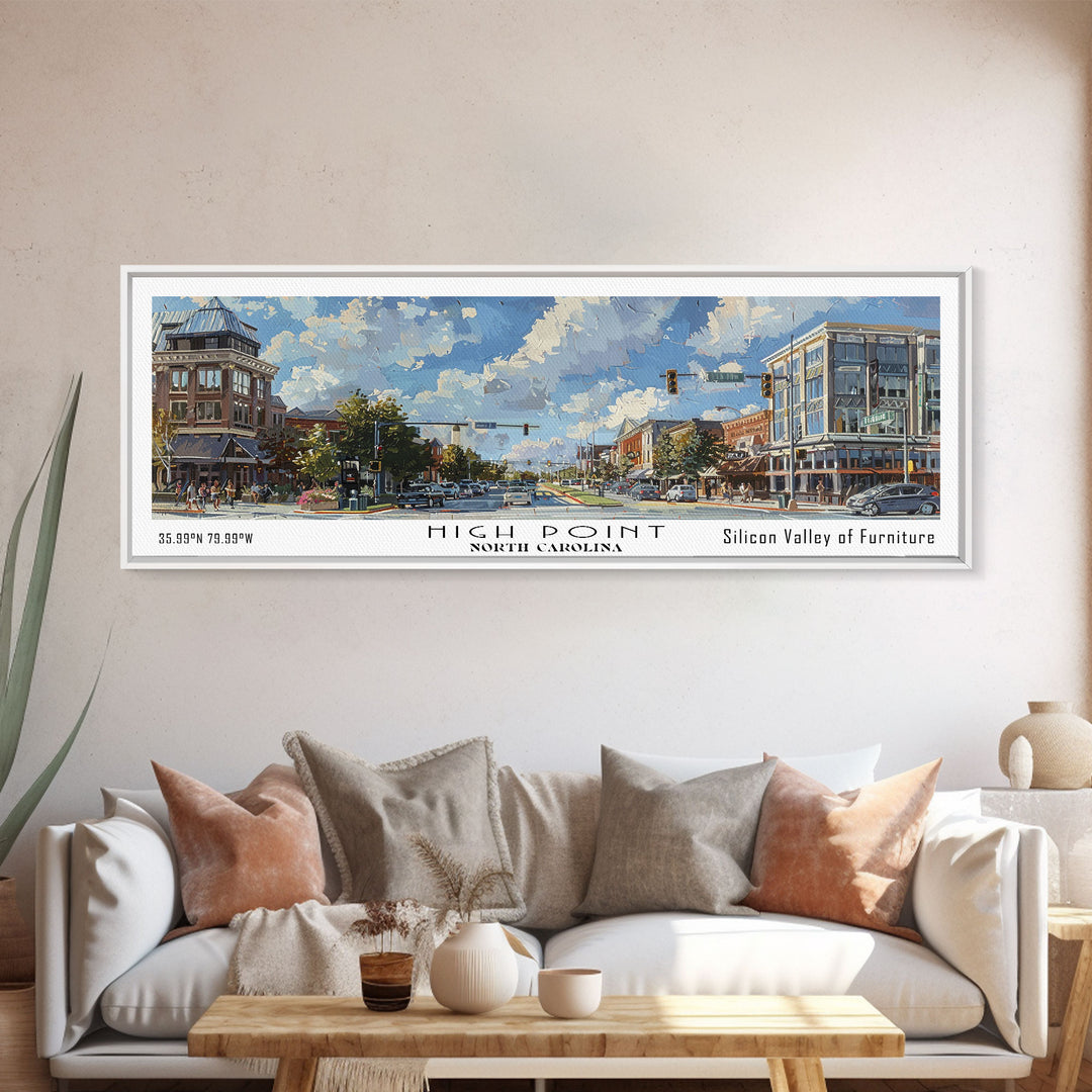 High Point North Carolina Panoramic Watercolor Painting, Urban Framed Canvas Print, Cityscape Wall Art for Office, Travel Decor, Home Gift Idea