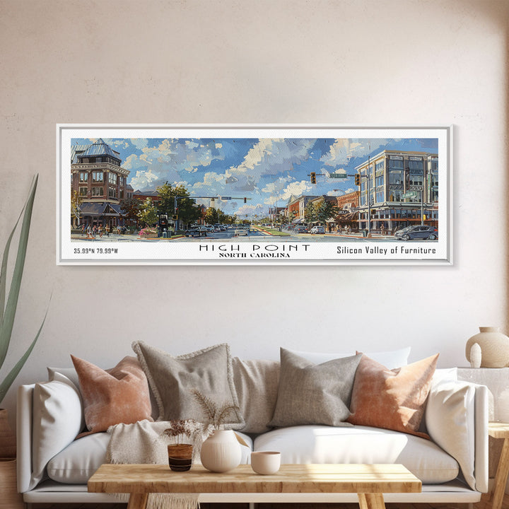 High Point North Carolina Panoramic Watercolor Painting, Urban Framed Canvas Print, Cityscape Wall Art for Office, Travel Decor, Home Gift Idea