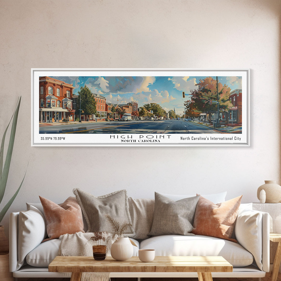 High Point North Carolina Panoramic Watercolor Painting, Urban Framed Canvas Print, Cityscape Wall Art for Living Room, Travel Poster, Home Decor, City Gift Idea