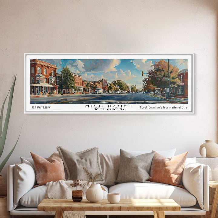 High Point North Carolina Panoramic Watercolor Painting, Urban Framed Canvas Print, Cityscape Wall Art for Living Room, Travel Poster, Home Decor, City Gift Idea