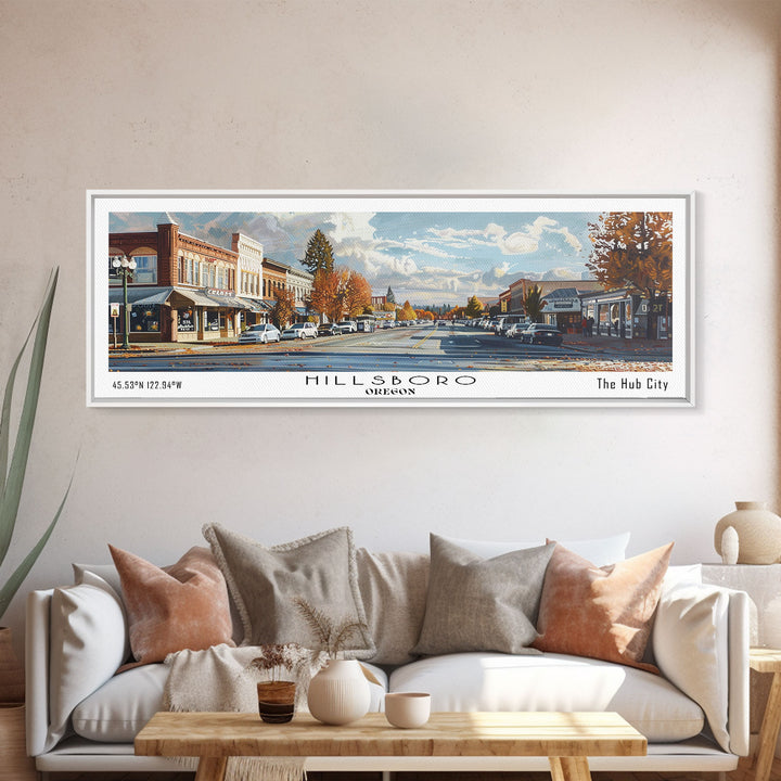 Hillsboro Oregon Panoramic Watercolor Painting, Urban Framed Canvas Print, Cityscape Wall Art for Office, Travel Decor, Home Gift Idea